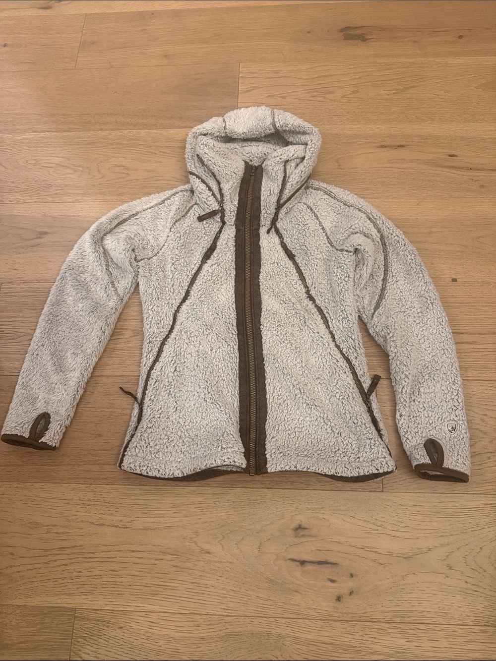 Kuhl Women's Cream Hooded Teddy Sherpa Jacket with Brown Trim